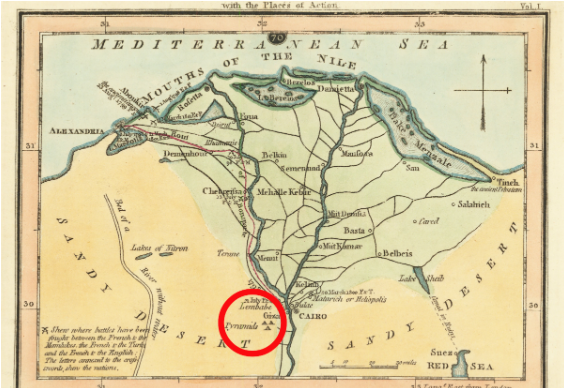 Historical map of Egypt showing the Nile Delta and the location of the Giza Plateau, where the Great Sphinx and pyramids are situated