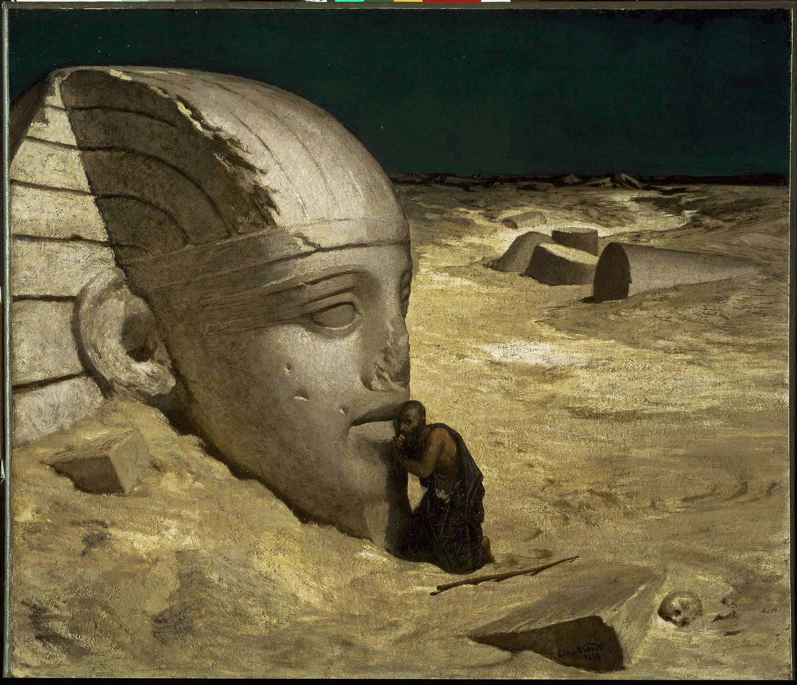 Elihu Vedder's 1863 painting The Questioner of the Sphinx, showing a traveller leaning toward the partly buried Sphinx