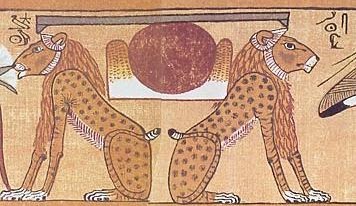 Aker supporting the Egyptian Hieroglyph for the horizon, akht, with the hieroglyph for sky, pt, above.