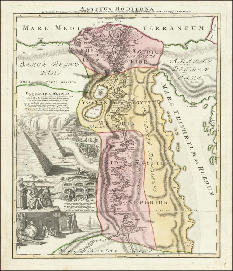 Two sphinxes are illustrated in this detail from a map of Egypt entitled Aegyptus Hodierna (1720) 