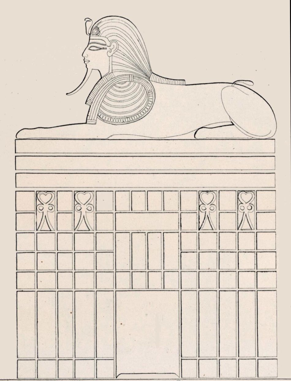 Detail of a Sphinx sitting upon a structure from the Dream Stele of Thutmose IV