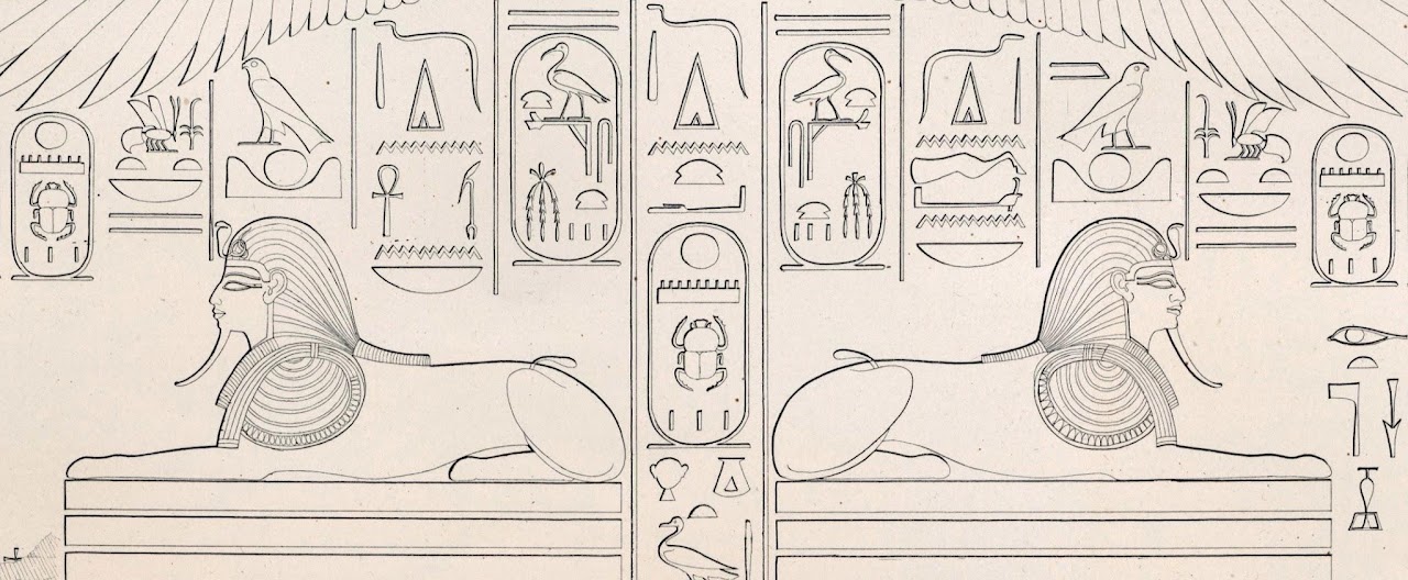The Dream Stele of Thutmose IV portrays two sphinxes reseting on pedestals.  They are surrounded by heiroglyphs naming Thutmose IV.