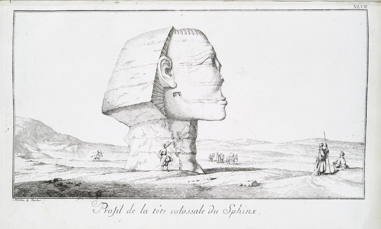 A slightly caricatured profile of the head of the Great Sphinx clearly shows the absence of its nose in this early drawing.