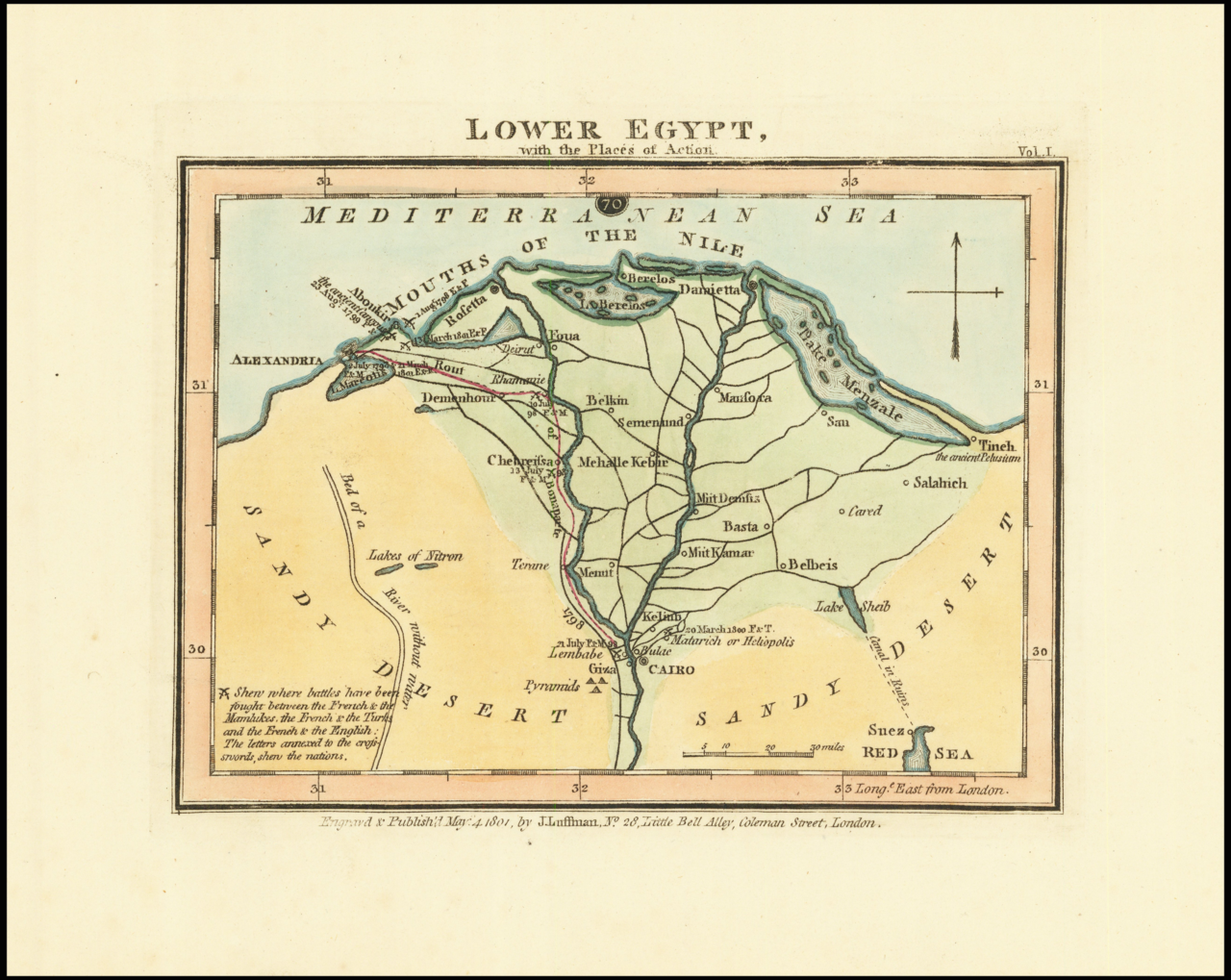 A map of Lower Egypt by John Luffman (1801) showing the location of the Pyramids of Giza relative to the Nile Delta.