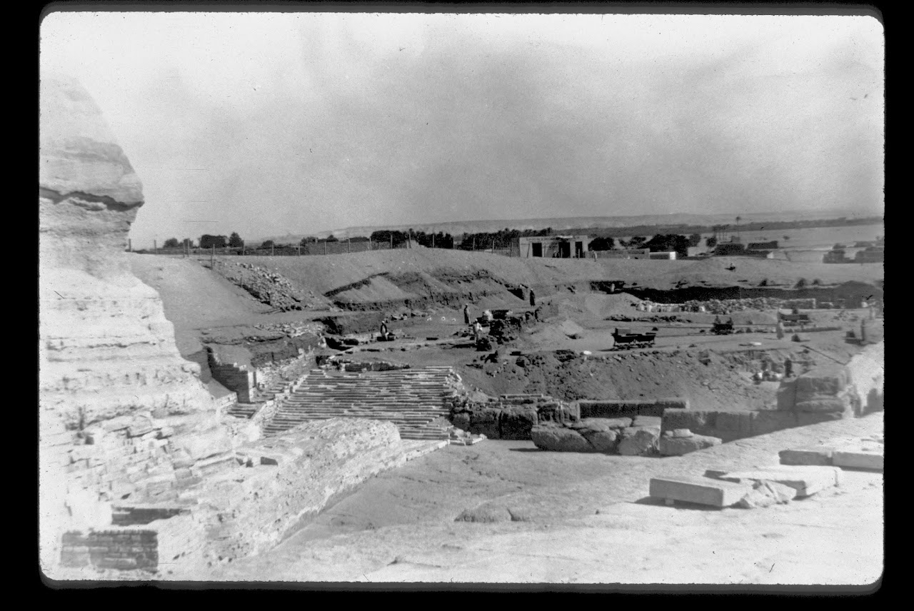 The Great Sphinx amidst ongoing excavations and restoration during the 1920s