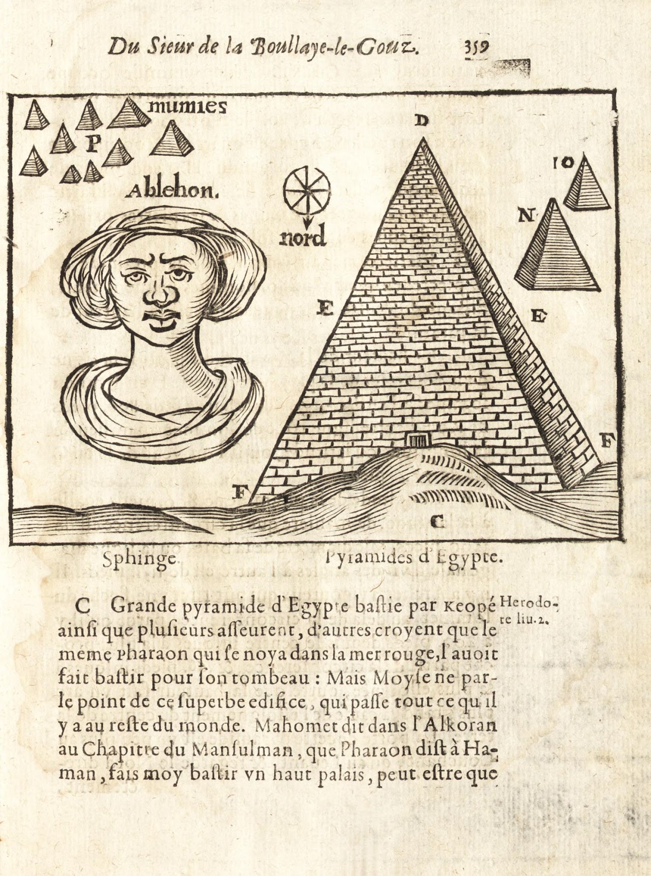 A coarsely illustrated feminine head representing the Great Sphinx from an early account