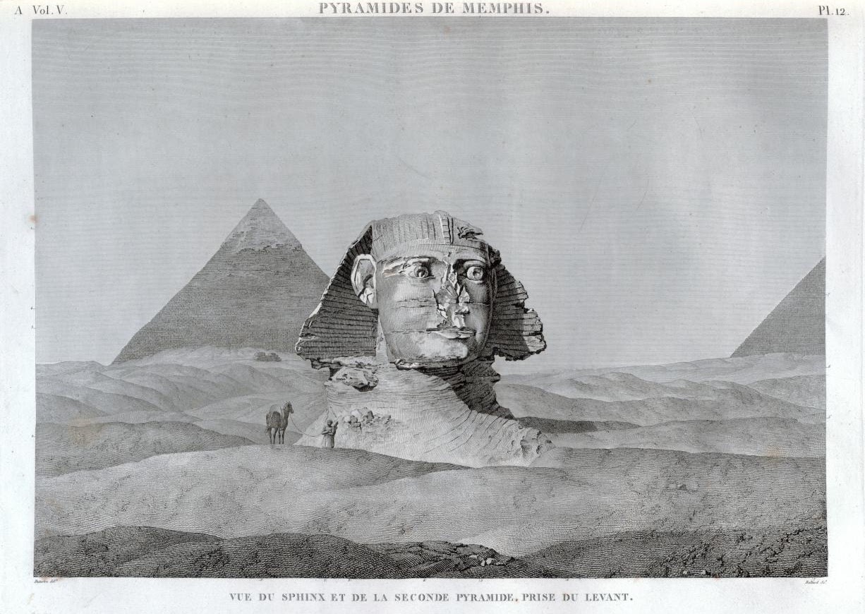 A detail from a Napeolonic drawing of the Great Sphinx showing the damage to its nose in detail.