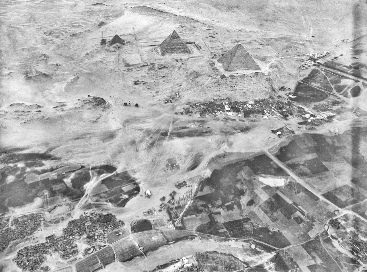The Giza Plateau, pyramids and the Great Sphinx viewed from above