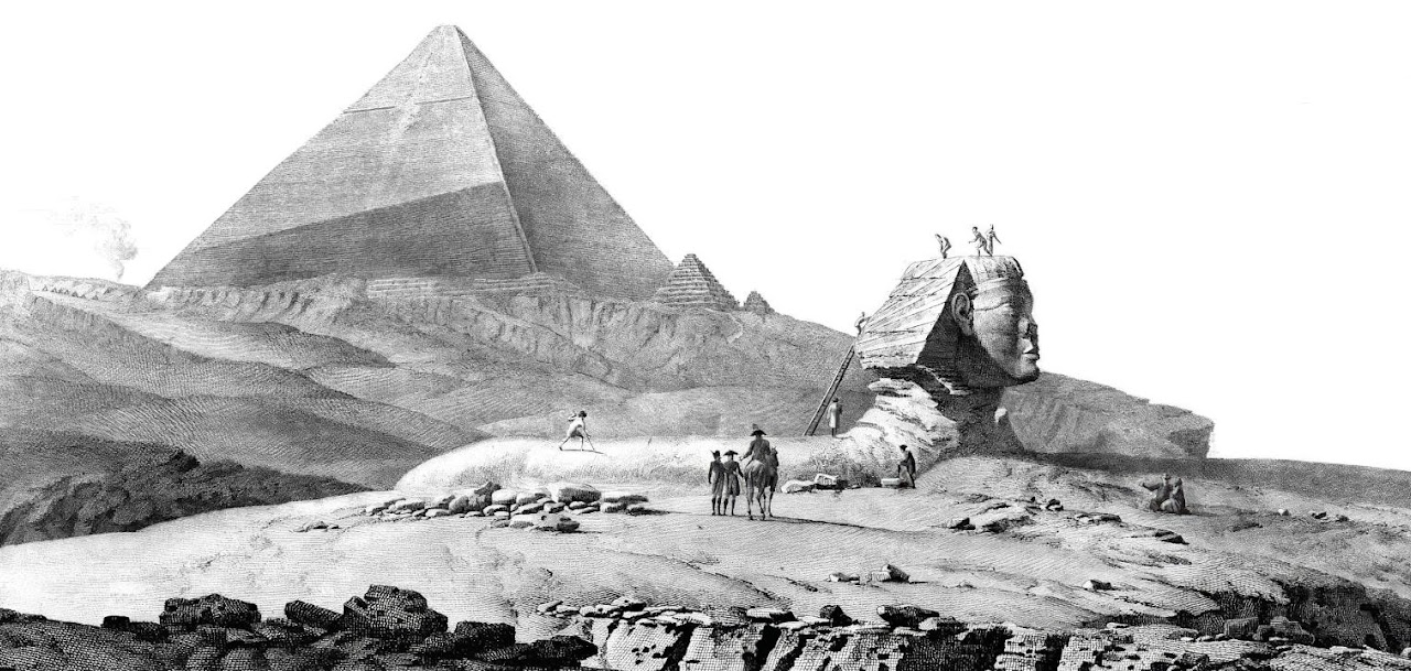 The Great Sphinx of Giza with the pyramid of Khufu in the background being examined by Napoleon's men.