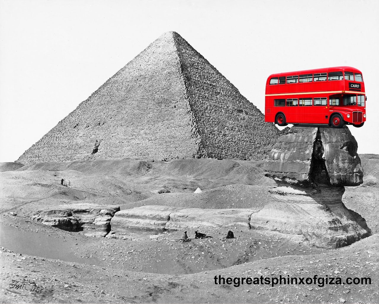 The scale of the Great Sphinx of Giza is shown by comparison with a bus on top of its head in this early photograph of the Sphinx.