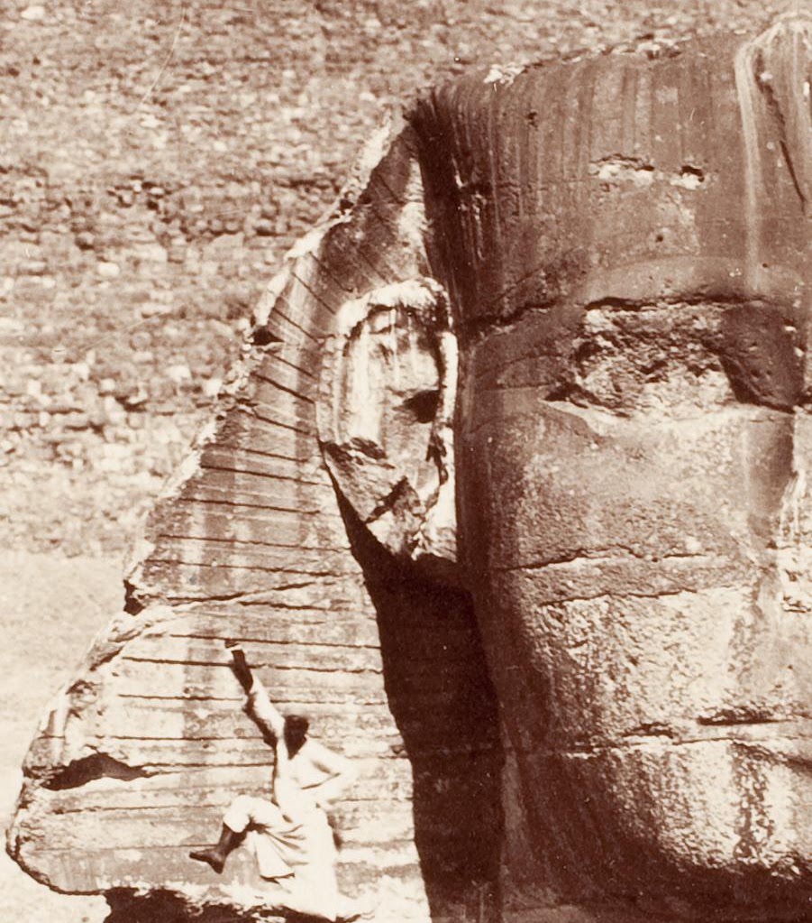 A comparison of the size of the Great Sphinx is provided by a man ascending the Nemes in this detail from an early photograph of the Great Sphinx.
