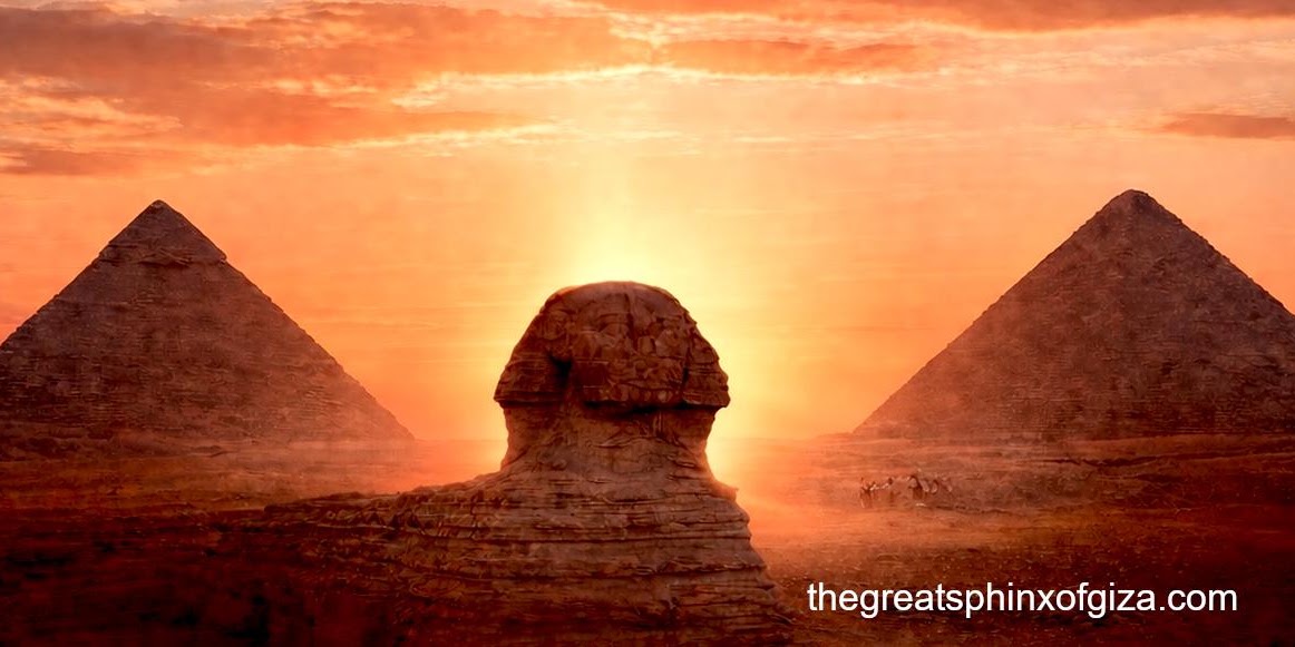 The sun sets between the pyramids of Khufu and Khafre, and behind the head of the Sphinx, from this viewpoint at the summer solstice