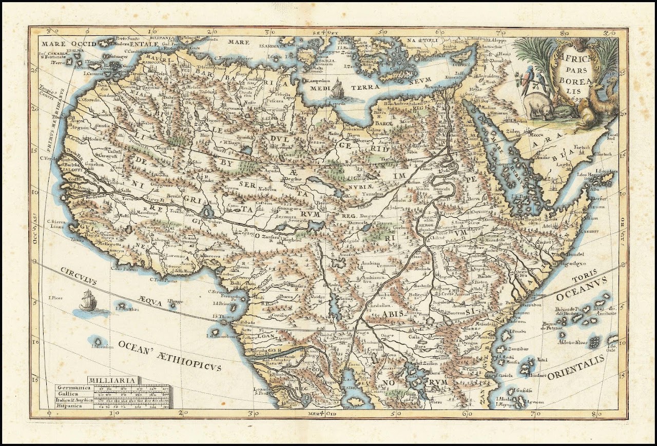 Africa Pars Borealis (1699), a map of north Africa by Heinrich  (1699) Scherer indicating the global positioning of the Egypt, the Nile Valley, and the Delta.