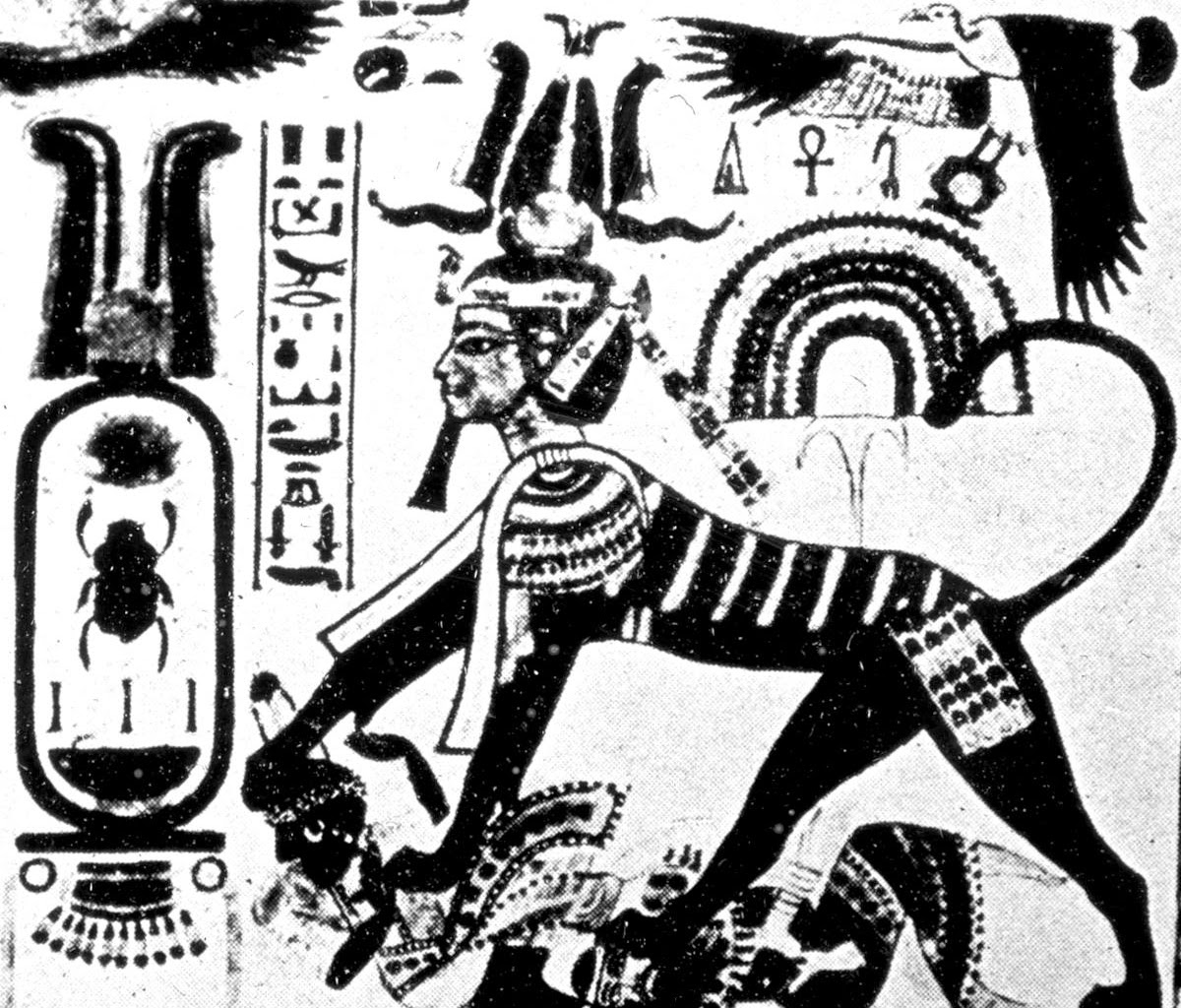 A rampant Sphinx with the head of Tuthankhamun tramples his enemies underfoot.