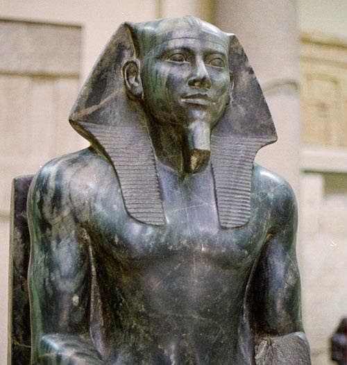 Statue of Pharaoh Khafre showing facial features often compared to the Great Sphinx at Giza