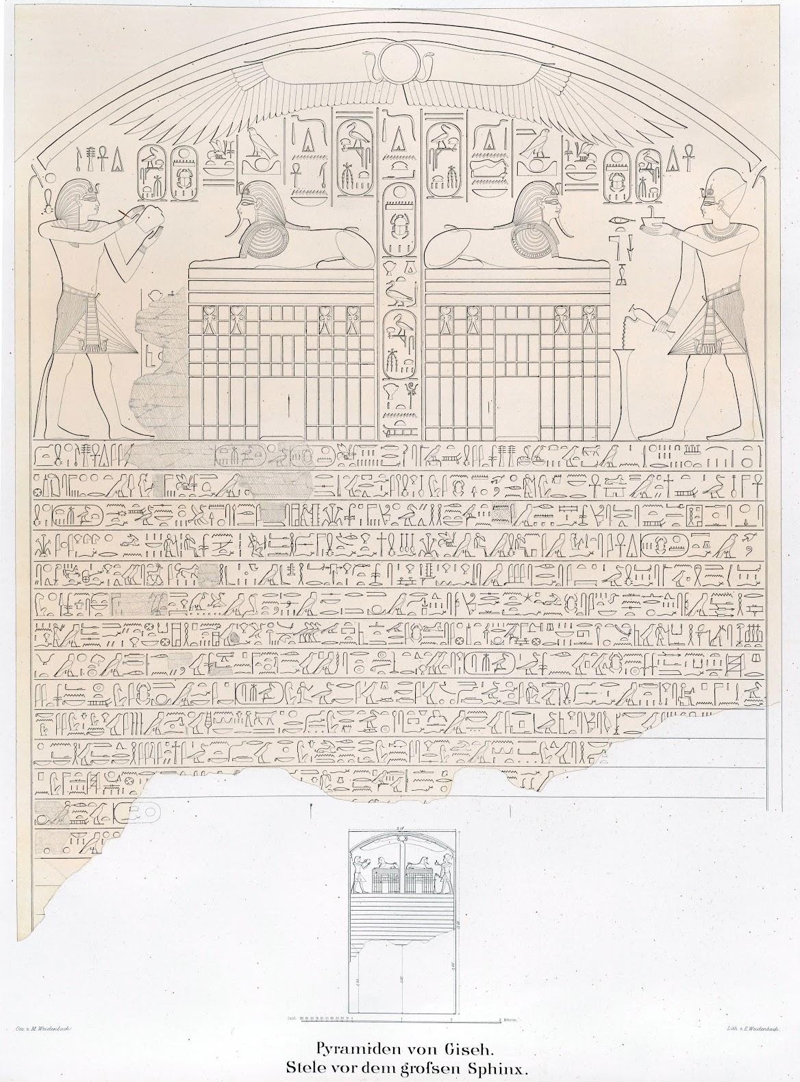 Image: Illustration of the Dream Stele of Thutmose IV showing the Great Sphinx depicted twice resting on a structure beneath the monument, published by Karl Richard Lepsius (1849–1856).