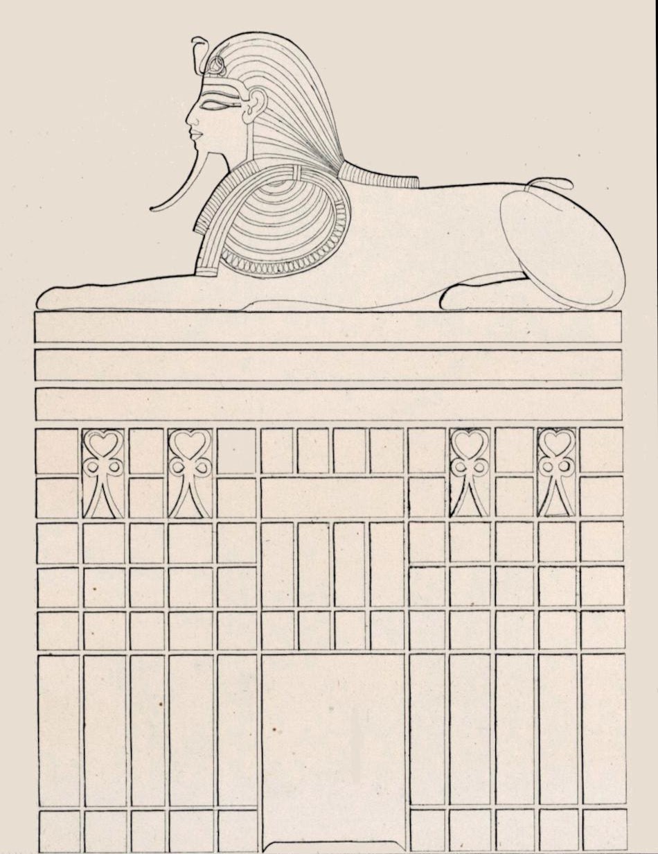 Image: Detail of the Great Sphinx resting on a structure in Karl Richard Lepsius’ illustration of the Dream Stele of Thutmose IV (1849–1856).